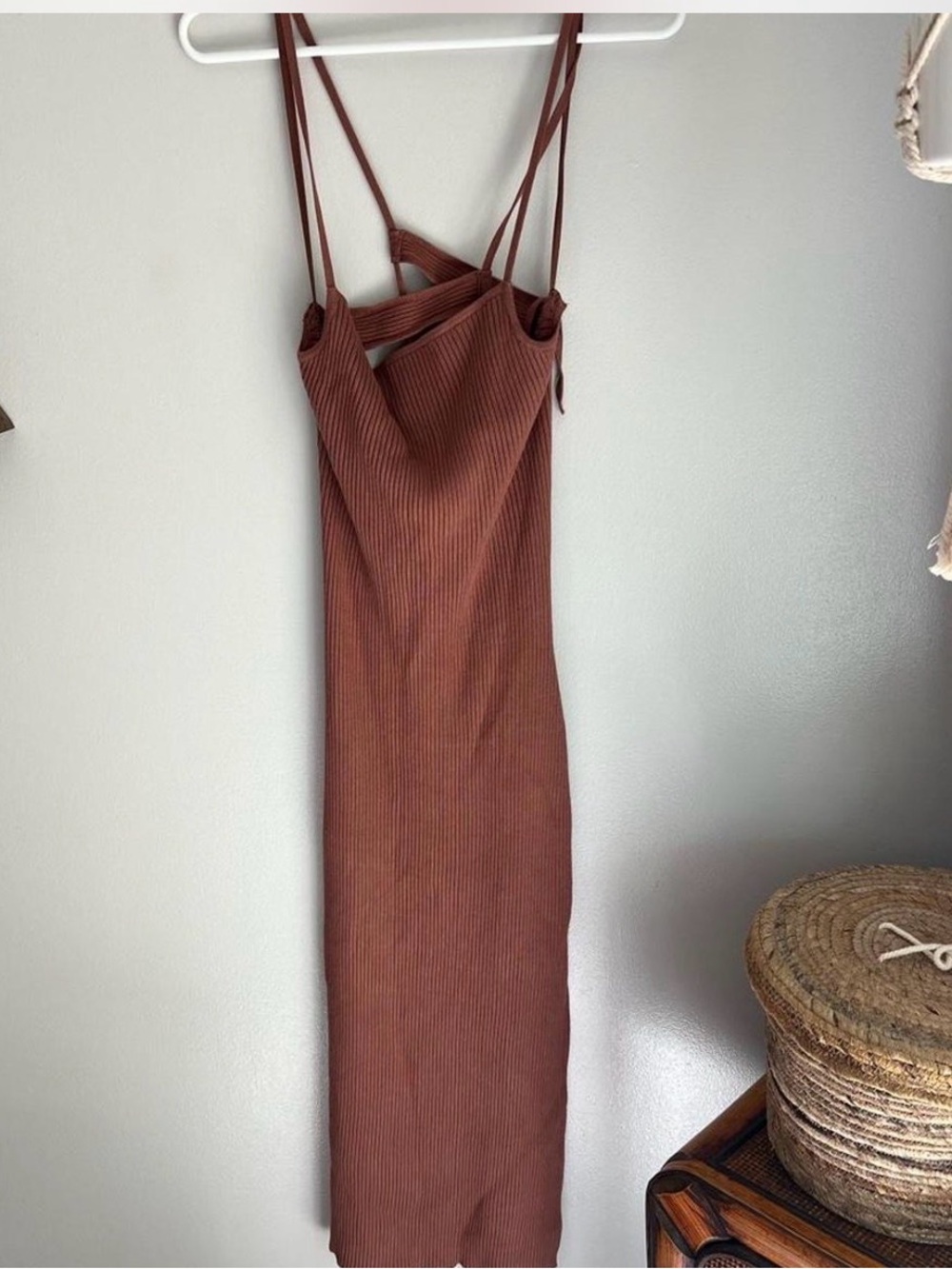 Abercrombie & Fitch Rust Brown Ribbed Strappy Midi Dress